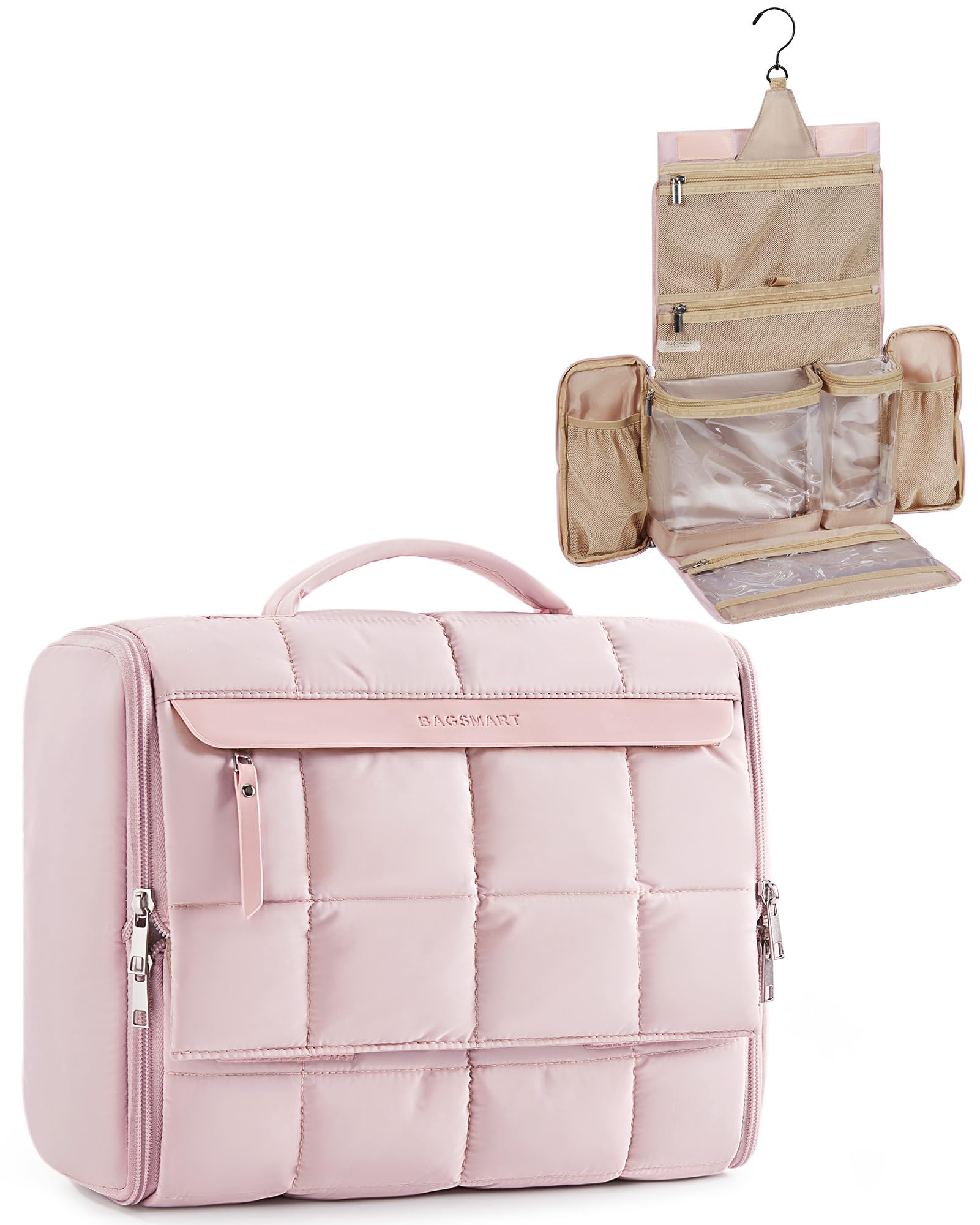 BAGSMART Travel Toiletry Bag, Extra Large Full-open Hanging Toiletry Bag for Women, Puffy Cosmetic Makeup Bag Organizer with Handle for Accessories,