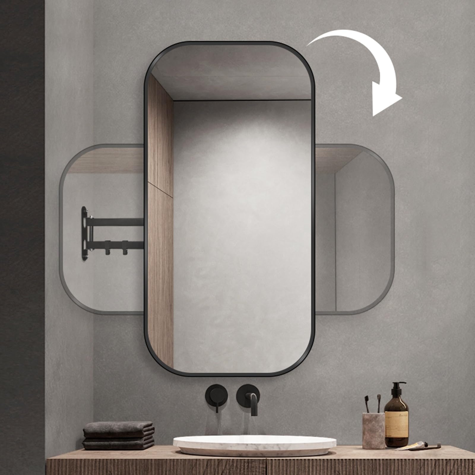 Miroir de maquillage HD au design minimaliste argenté avec support fixe