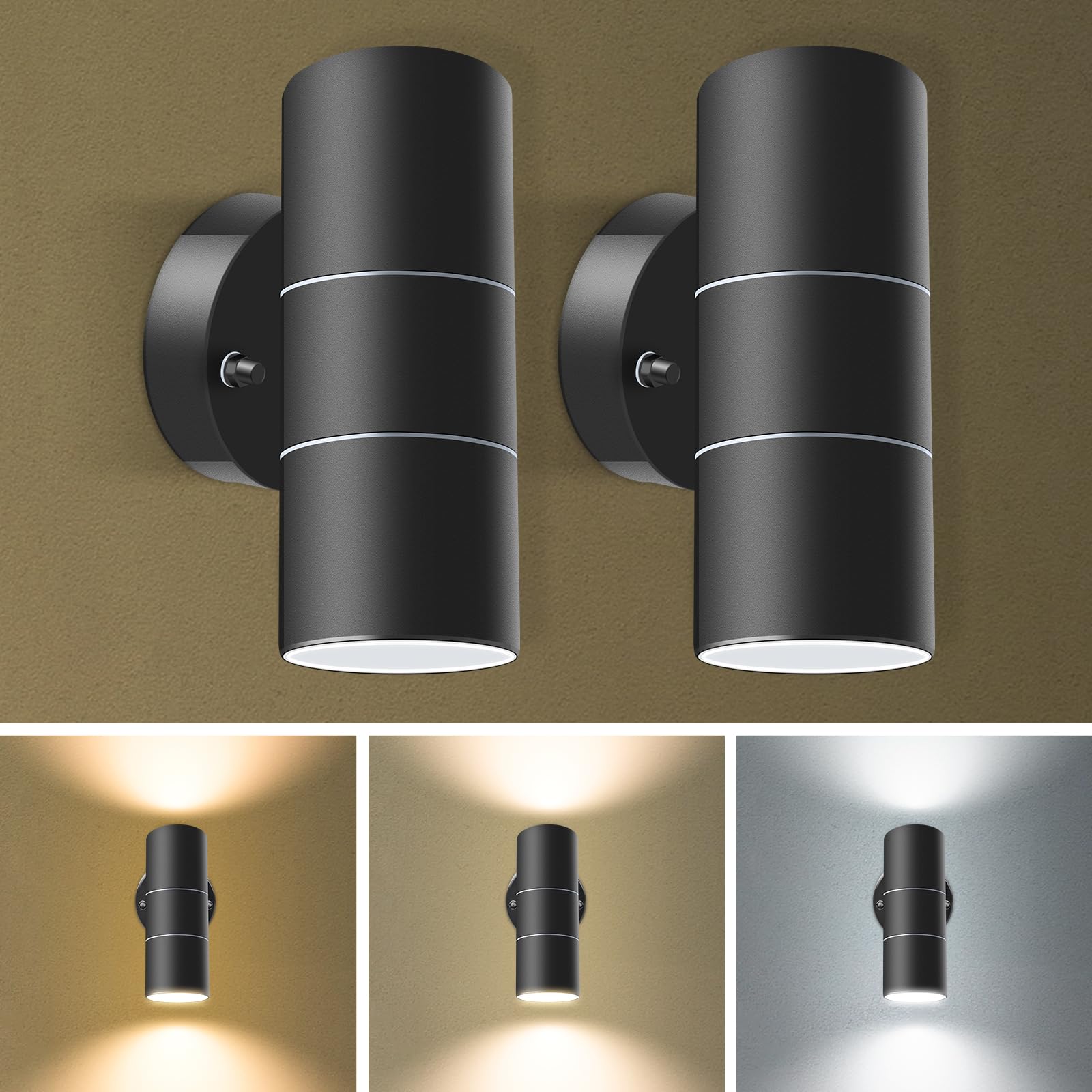 ALUSSO Outdoor Wall Lights, IP65 Waterproof Up and Down Lights Outdoor Mains Powered, Outside Lights 4X 8W GU10 Bulbs Included, Warm White 3000K Neutral White 4000K Cool White 6000K Adjustable,2 Pack