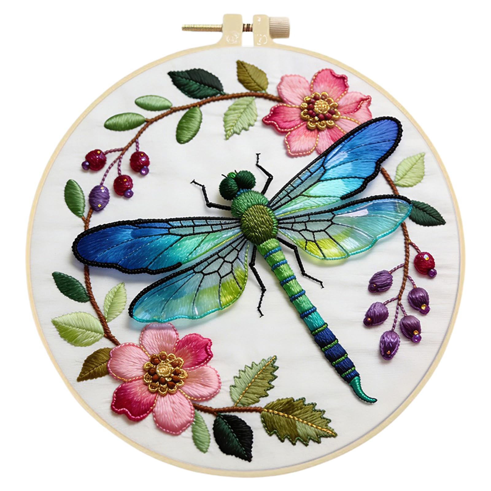 Embroidery Kit for Beginners, Stamped Cross Stitch Kits with Hoop, Threads, Needles &Tools, DIY Needlework Starter Set and Craft Gift for Adults 29 * 29CM(Dragonfly Floral)