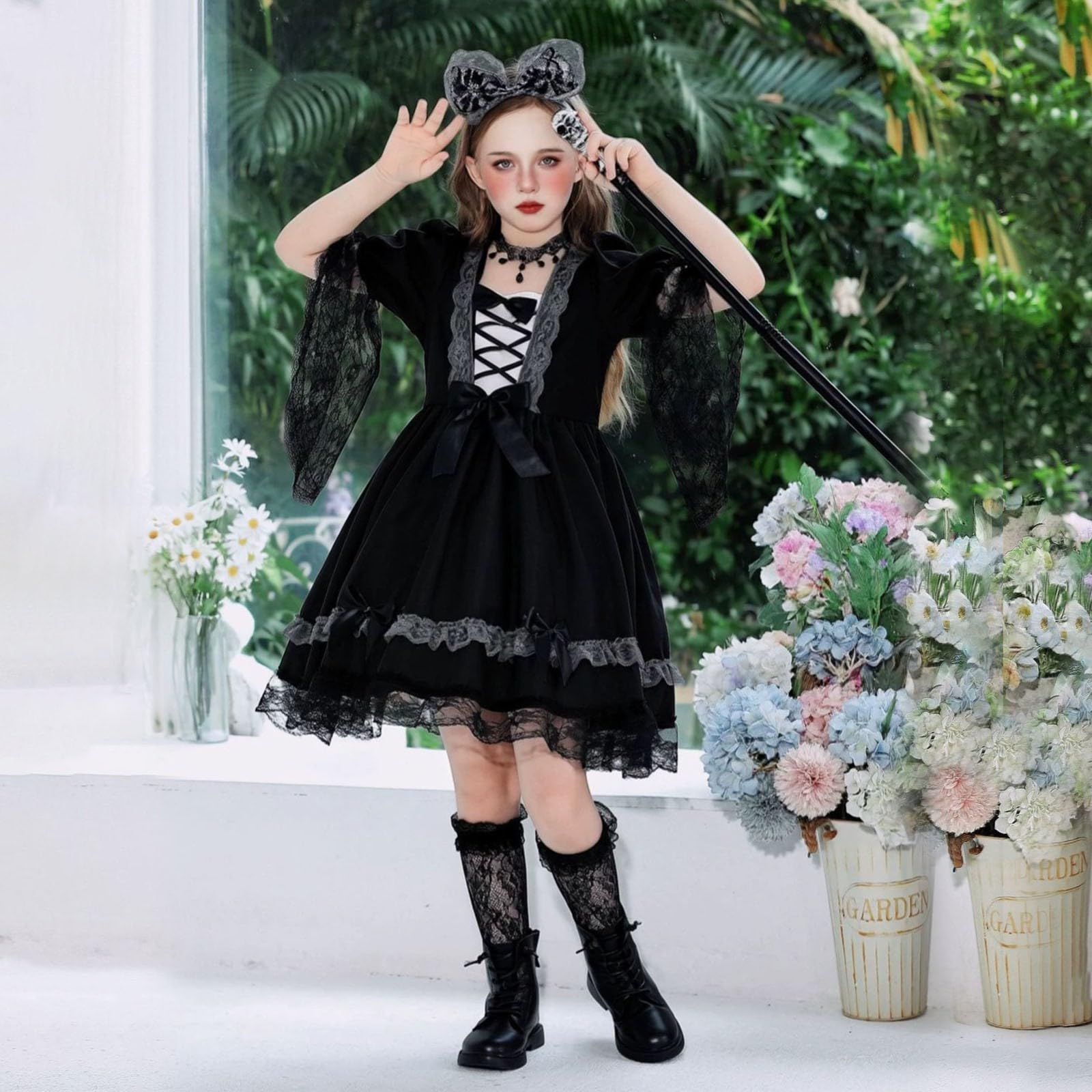 Genérico Disfraz De Bruja Infantil Para Halloween,Vestido De Bruja De Encaje Para NiñAs: Elegante Atuendo De Cosplay Para Fiestas De Halloween