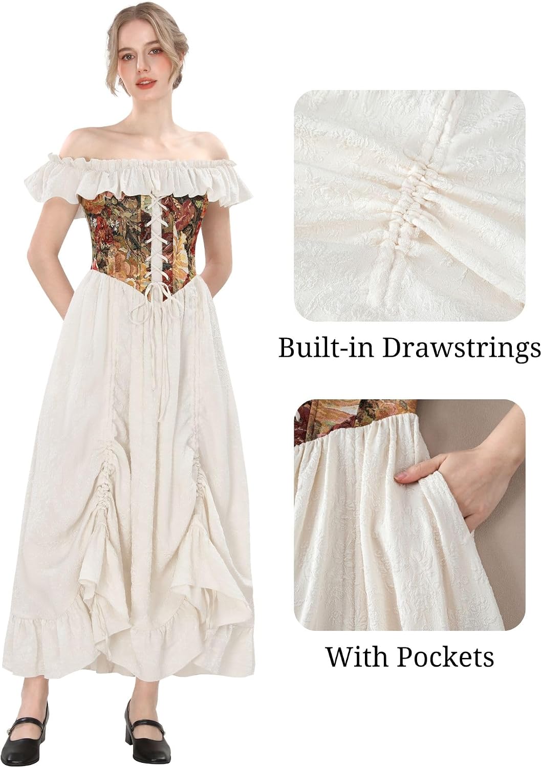 Nuoqi Renaissance Costume Women Off Shoulder Princess Ren Faire Dress Summer Floral Corset Medieval Outfit