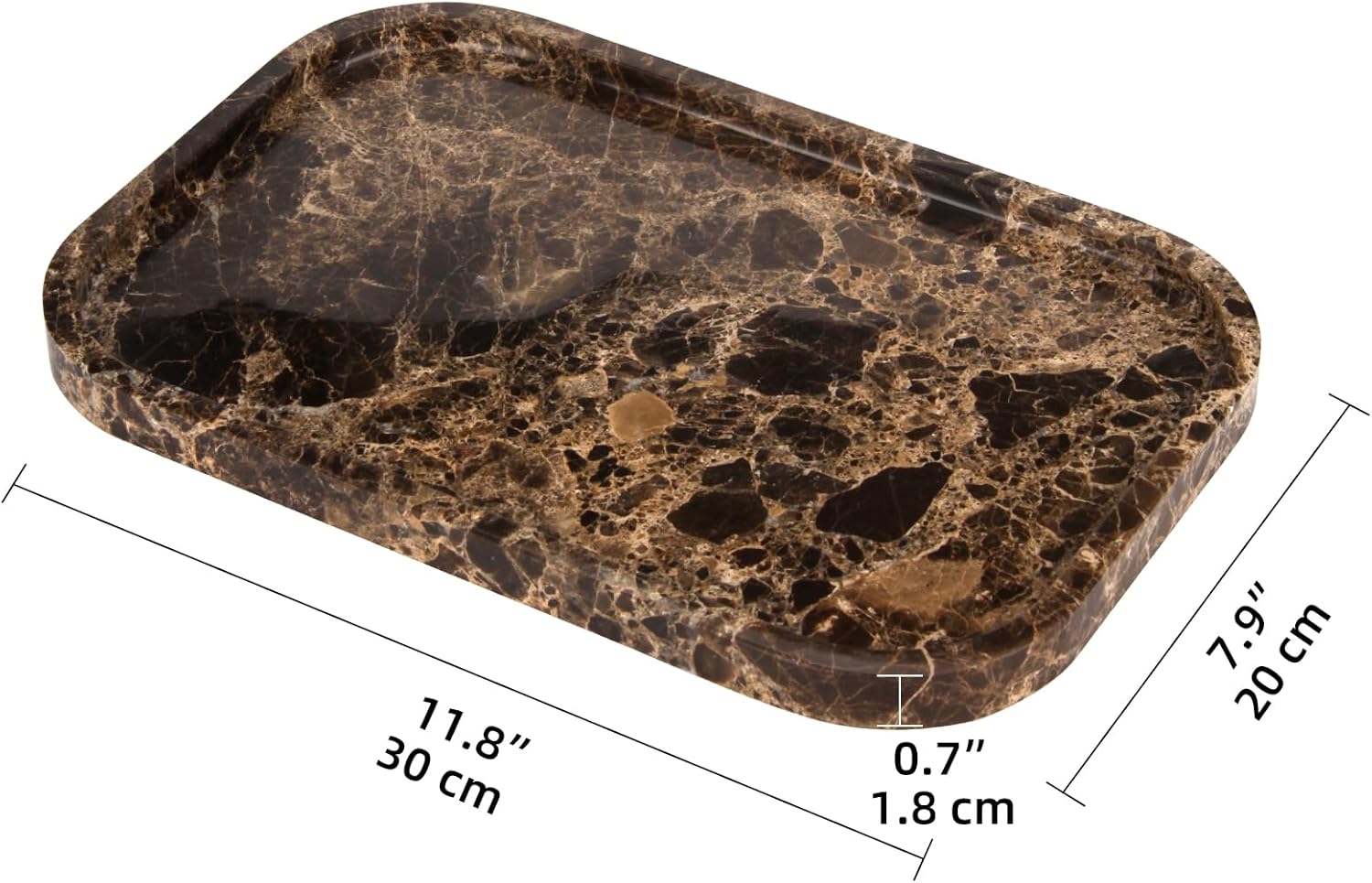 Marble Bathroom Vanity Tray, Natural Marble Home Kitchen Table Tray, Stone Decorative Countertop Serving Organizer for Dresser Coffee Perfume Jewelry Makeup (1, Dark Brown L, 12 * 8 * 0.8)