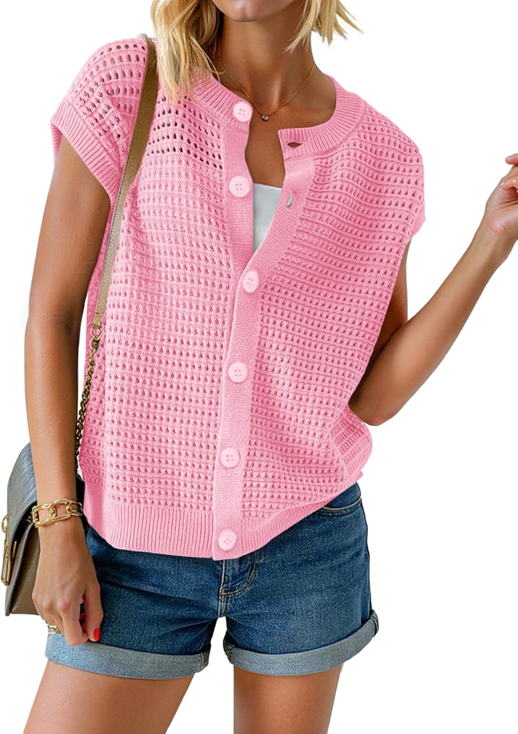 Saodimallsu Womens Short Cap Sleeve Sweater Vest Crochet Button Down Cardigans Crew Neck Summer Knit Tops