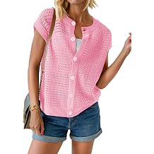 Saodimallsu Womens Short Cap Sleeve Sweater Vest Crochet Button Down Cardigans Crew Neck Summer Knit Tops