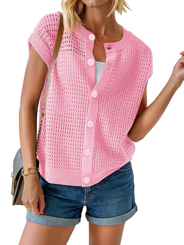 Saodimallsu Womens Short Cap Sleeve Sweater Vest Crochet Button Down Cardigans Crew Neck Summer Knit Tops Pink by Saodimallsu - Used condition - US$25.64