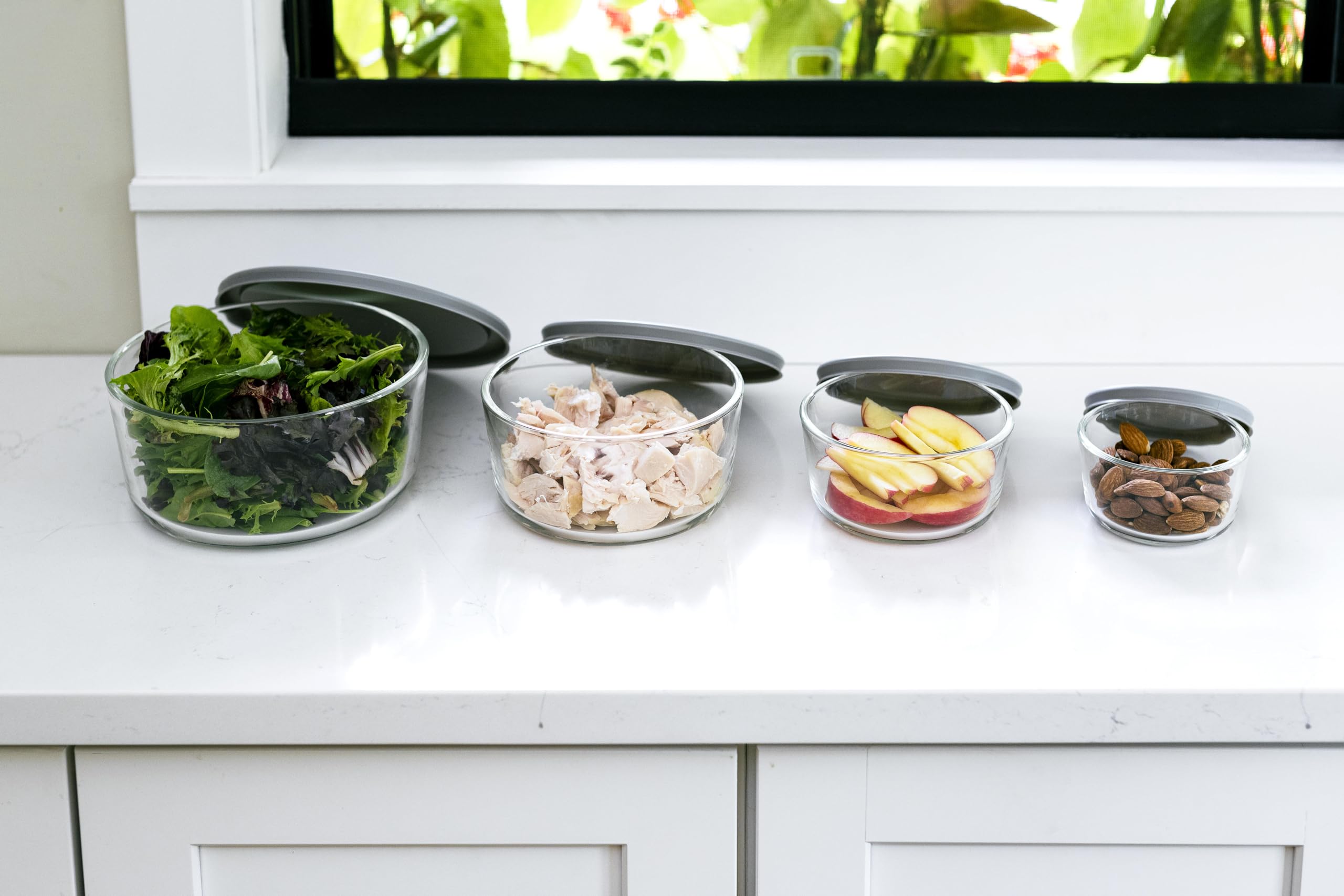 DURA LIVING 8-Piece Glass Food Storage Containers Set (4 Containers + 4 Lids) | Round, Nesting, Microwave & Dishwasher Safe | BPA-Free, Space-Saving | Grey Lids for Pantry & Kitchen Organization