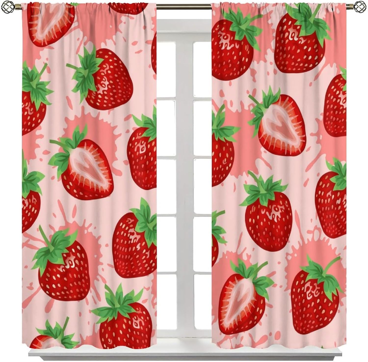 Cute Strawberry Curtain, Pink Strawberry Delicious Fruit Pattern Art Background Printed Rod Pocket Blackout Window Treatments for Bedroom Living Room Decor 42" W X 63" L