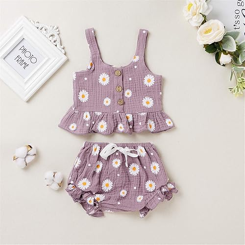 Miniatura 3 de Conjunto de ropa de verano para niños y niñas pequeñas, camiseta sin mangas con margaritas, pantalones cortos florales