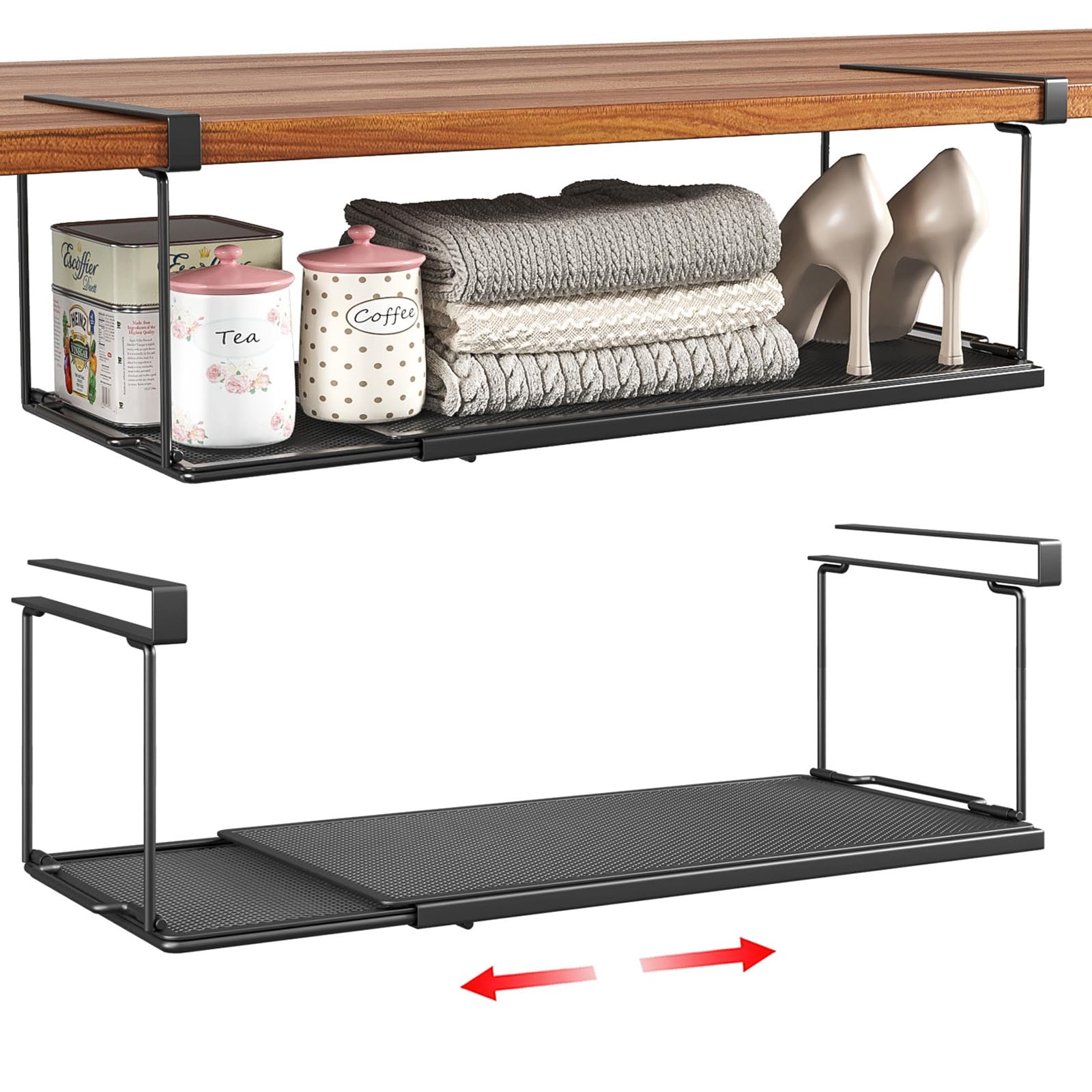 SHINEWON Expandable Under Cabinet Shelf, Extendable Under Shelf Storage with 0.94 Inches Thick Clips for Shoe Rack, Pantry Cabinet, Laundry Room. (Black, 2 Pack, Interior: 6" H x 8.26" D)