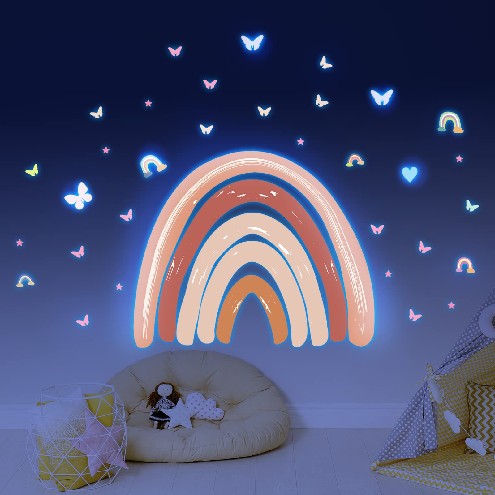 Adesivi Murali Farfalla Arcobaleno Arancione Adesivi da Parete Stelle Fluorescenti Adesive Soffitto Adesivi Murali Bambini Stelline Luminose per Cameretta Soggiorno Decorazioni 2 Pezzi