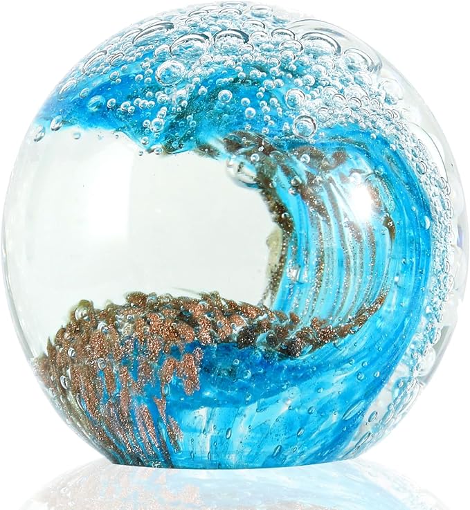 Gold Crystal Ball Ocean Waves Glass Figurine – Collectible Paperweight & Home Decor