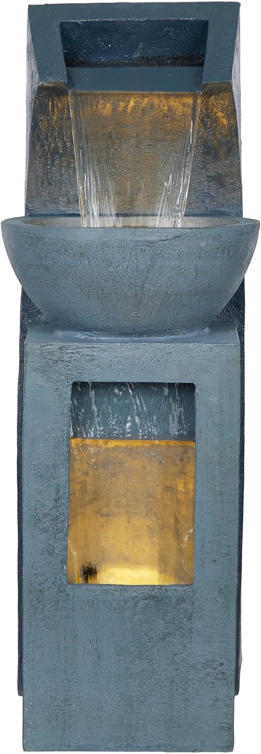 Alpine Corporation 41" Tall Outdoor Basin Waterfall Floor Fountain with LED Lights for Garden, Patio, Lawn and Backyard Decor, Gray