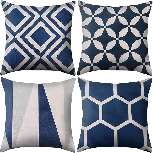 JuneJour Set of 4 Navy Cushion Covers Geometric Outdoor Furniture Decorative Linen Square Single-Sided Printing Pillow Cover for Home Office Sofa Couch Car Garden 45 x 45cm