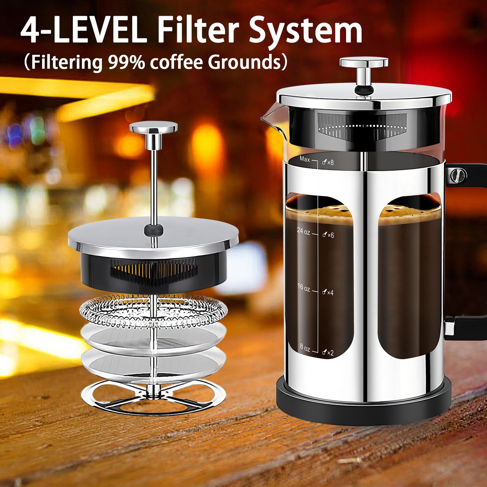 YMMIND Cafetera de prensa francesa (34 onzas, 1 cuarto de galón, 5-6 tazas), con sistema de 4 filtros, vidrio de borosilicato de grosor resistente al calor, taza de café en frío, regalos (plateado)