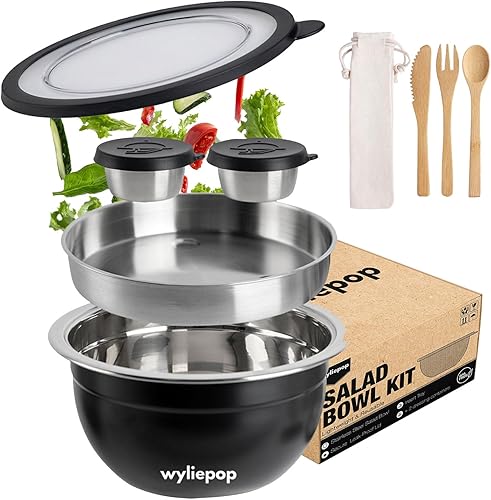 Kit de ensaladera de acero inoxidable de 64 onzas y 3 cubiertos de bambú con 2 recipientes para condimentos, bandeja de inserción, cuenco y tapa a