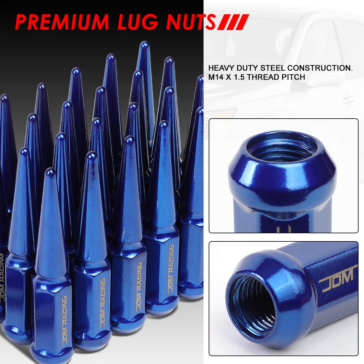 Auto Dynasty 24 Pcs Blue Heavy Duty Steel Closed-End M14 x 1.5 23mm OD /112mm Tall Conical Seat Wheels Lug Nuts Set+Lock Key