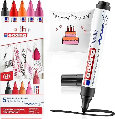 Miniatura 16 de edding Marcador textil 4500 - negro, 3x azul, verde - 5 bolígrafos - punta redonda de 0.079-0.118 in - marcadores permanentes de tela para dibujar