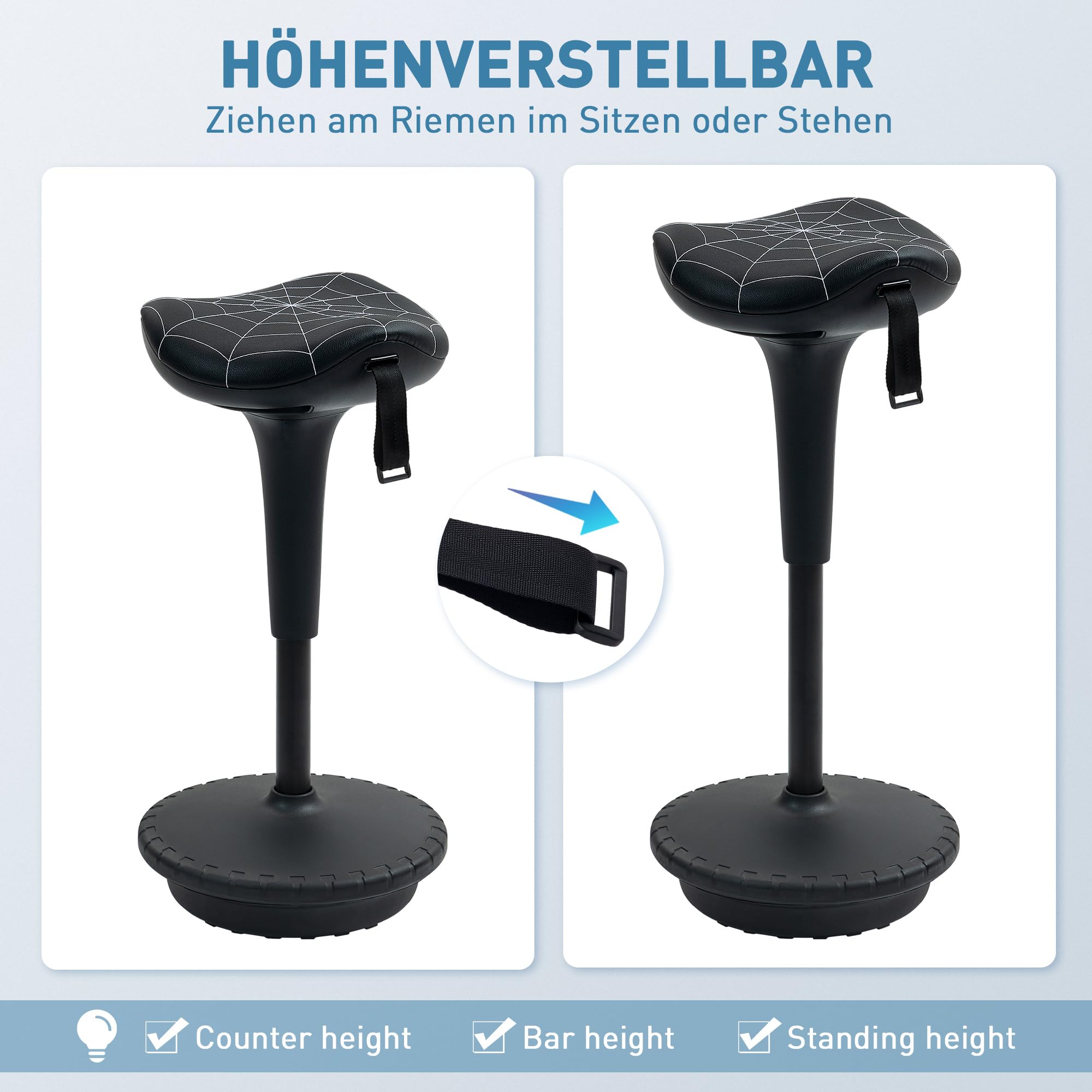 Vinsetto Bürohocker mit Schwenkfunktion, ergonomischer Hocker, höhenverstellbar 65,5-83,5 cm Arbeitshocker Sitzhocker groß Sockel, 120° neigbar Stehhocker, Anti-Rutsch, für Büro Arbeitszimmer, Schwarz