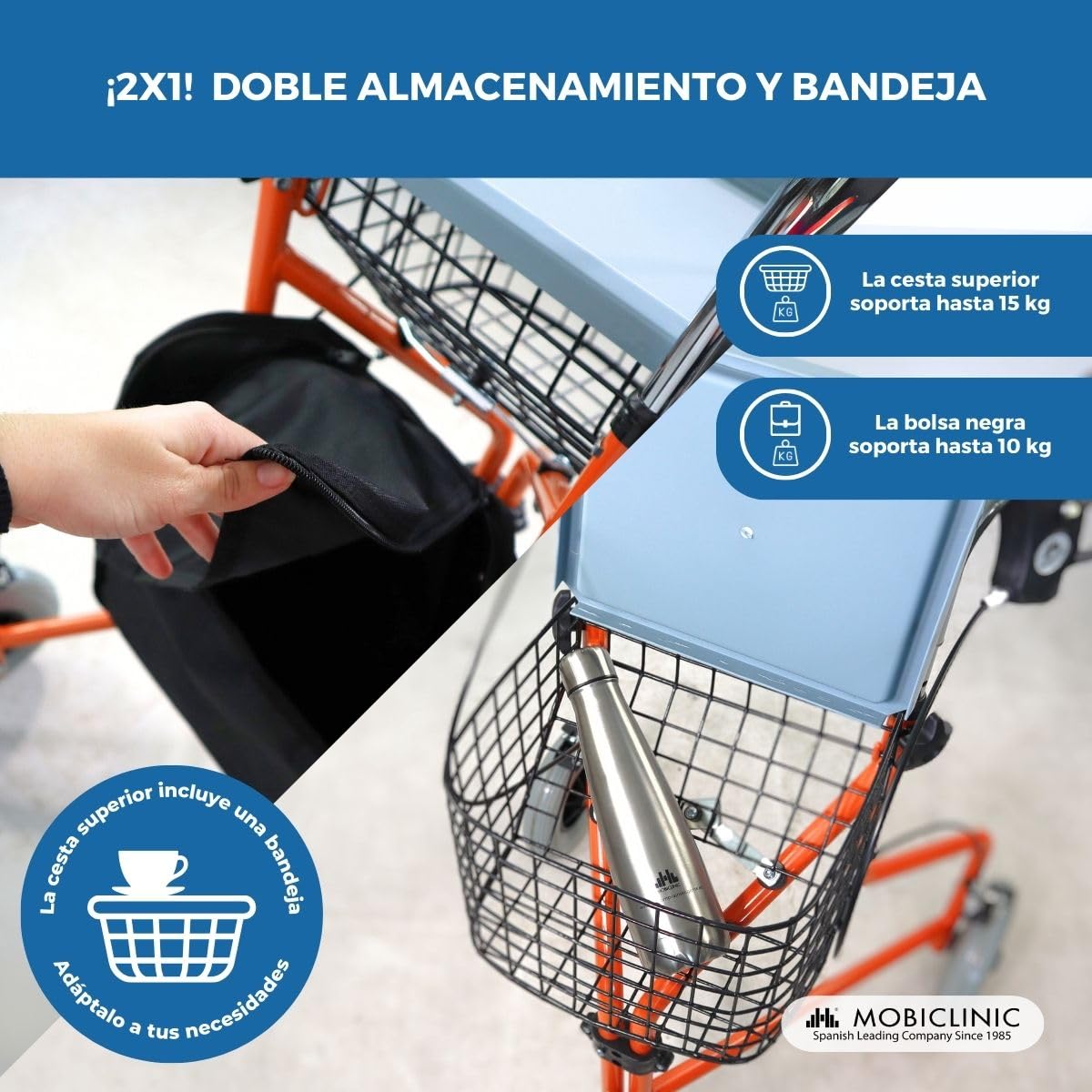 Mobiclinic®, Andador plegable 3 ruedas, Caleta, Cesta con tapa y bolsa, Frenos en manetas, Regulable altura, Marca española, Ligero, Estructura manejable, Pequeñas, Naranja