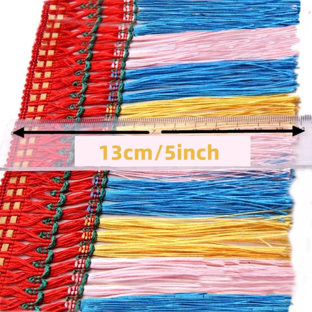 MSCFTFB 12 Yards Tri Colors Thick Tassels Polyester Fringe Tassel Fabric Lace Ribbon Trim Border Width 5inch for Curtain Dressmaking Cushion Sewing Craft (Red+Blue+Pink+Gold)