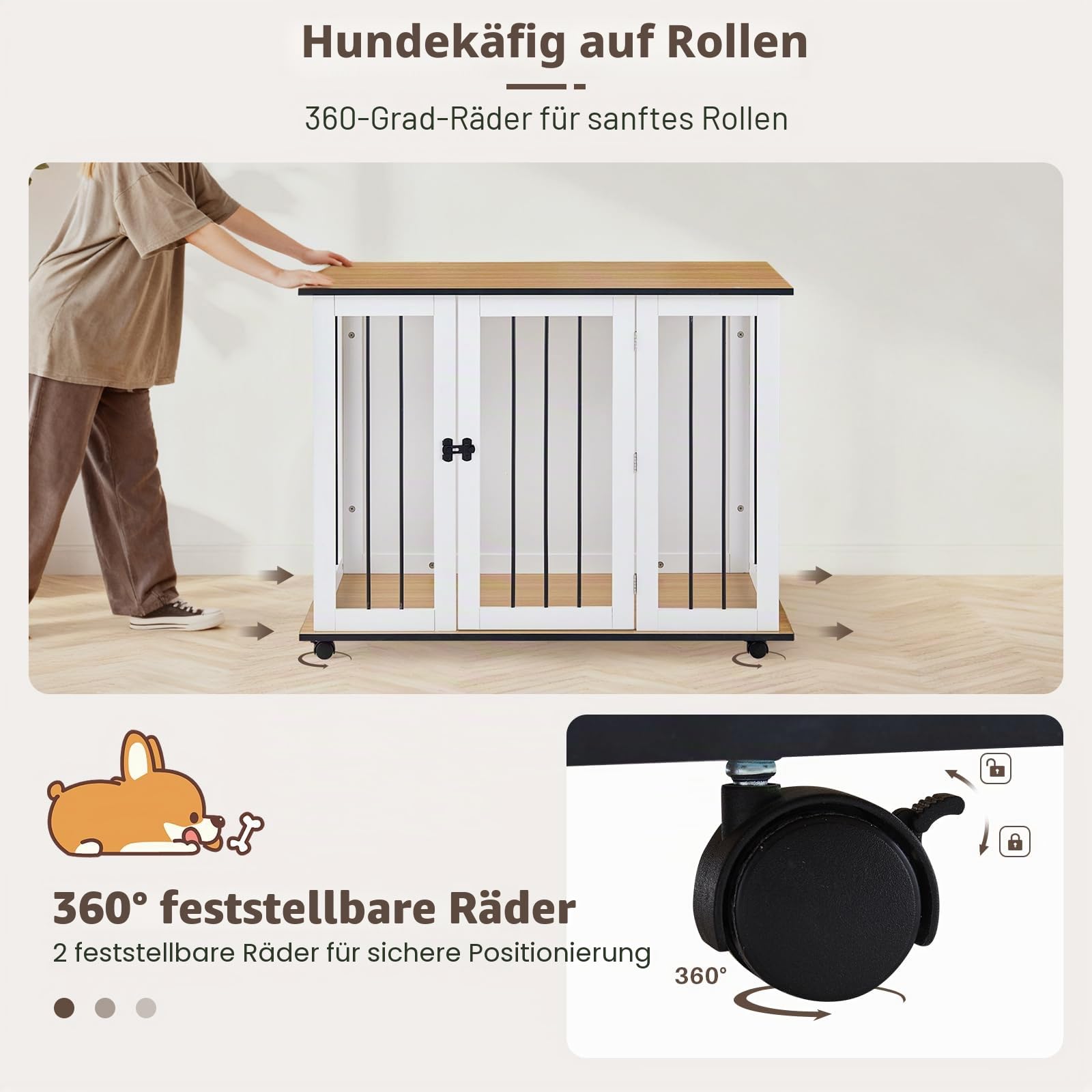 TUKAILAI Hundekäfig Möbel, 106 cm Hundebox Holz mit Raden, Abschließbar Tür, Metall, Moderne Hundehütte Indoor für kleine/mittlere/große Hunde, Hundekäfig für Zuhause 106x60x82 cm, Weiß
