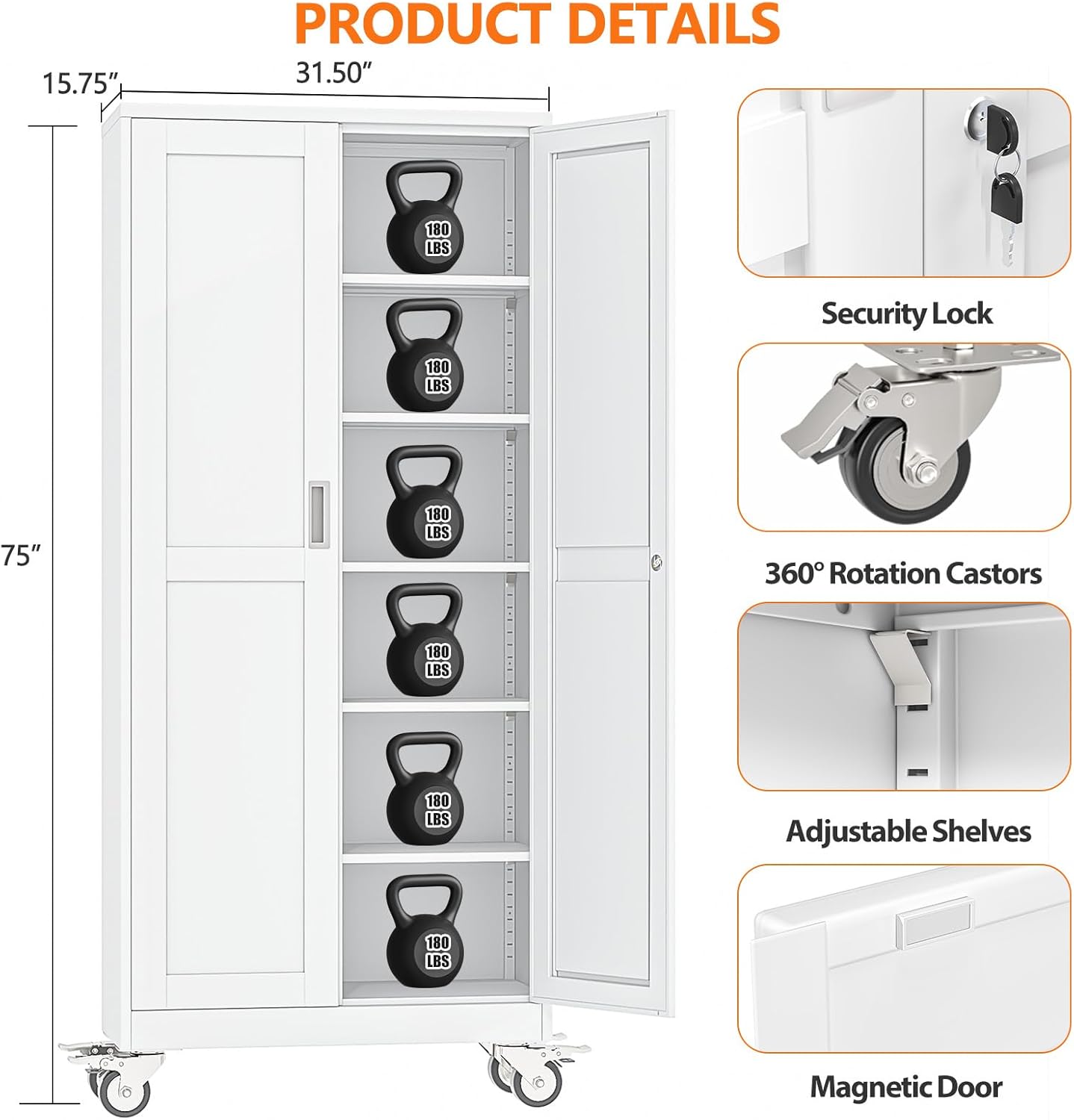 75" Tall Metal Locker Storage Cabinet with Wheels, Lockable Rolling File Cabinets with 2 Doors and 5 Adjustable Shelves, Steel Tool Organizer Locker for Office, Home, Garage, Gym, School (White)