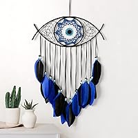 Dremisland Evil Eye Dream Catcher Blue Black - Handmade Feather Wall Hanging Ornament, Boho Home Decor for Bedroom Living Room Yard, Good Luck Protection Gift