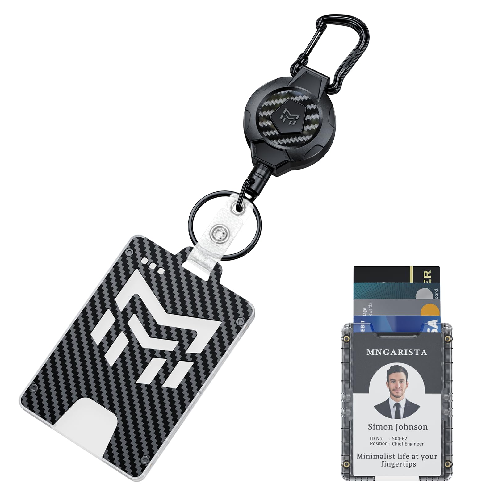 MNGARISTA Wysuwany uchwyt na identyfikator, kołowrotek identyfikacyjny z włókna węglowego, chowany klips karabińczyk, brelok do kluczy, etui na karty z 4 blokadami, 1 opakowanie, czarny