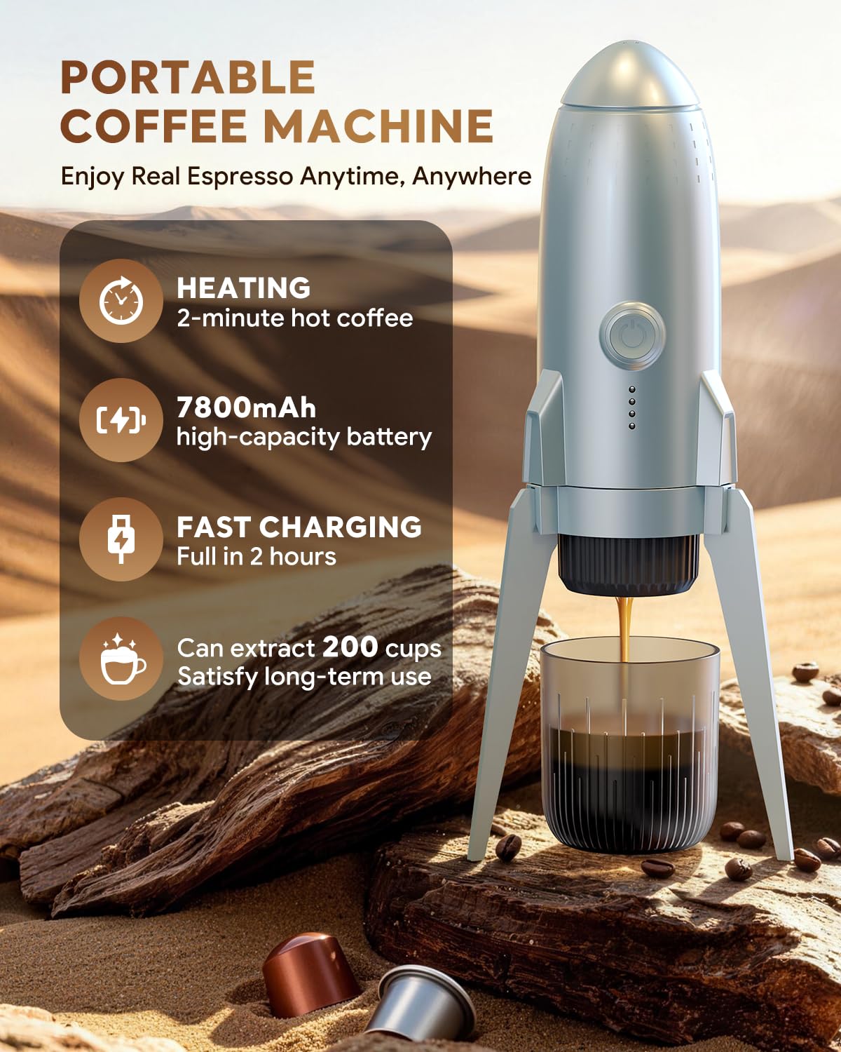Cafetera eléctrica portátil de café espresso de viaje para camping, autocalentamiento 3 en 1 para café molido y cápsulas DG NS para viajes, camping y senderismo (gris espacial)
