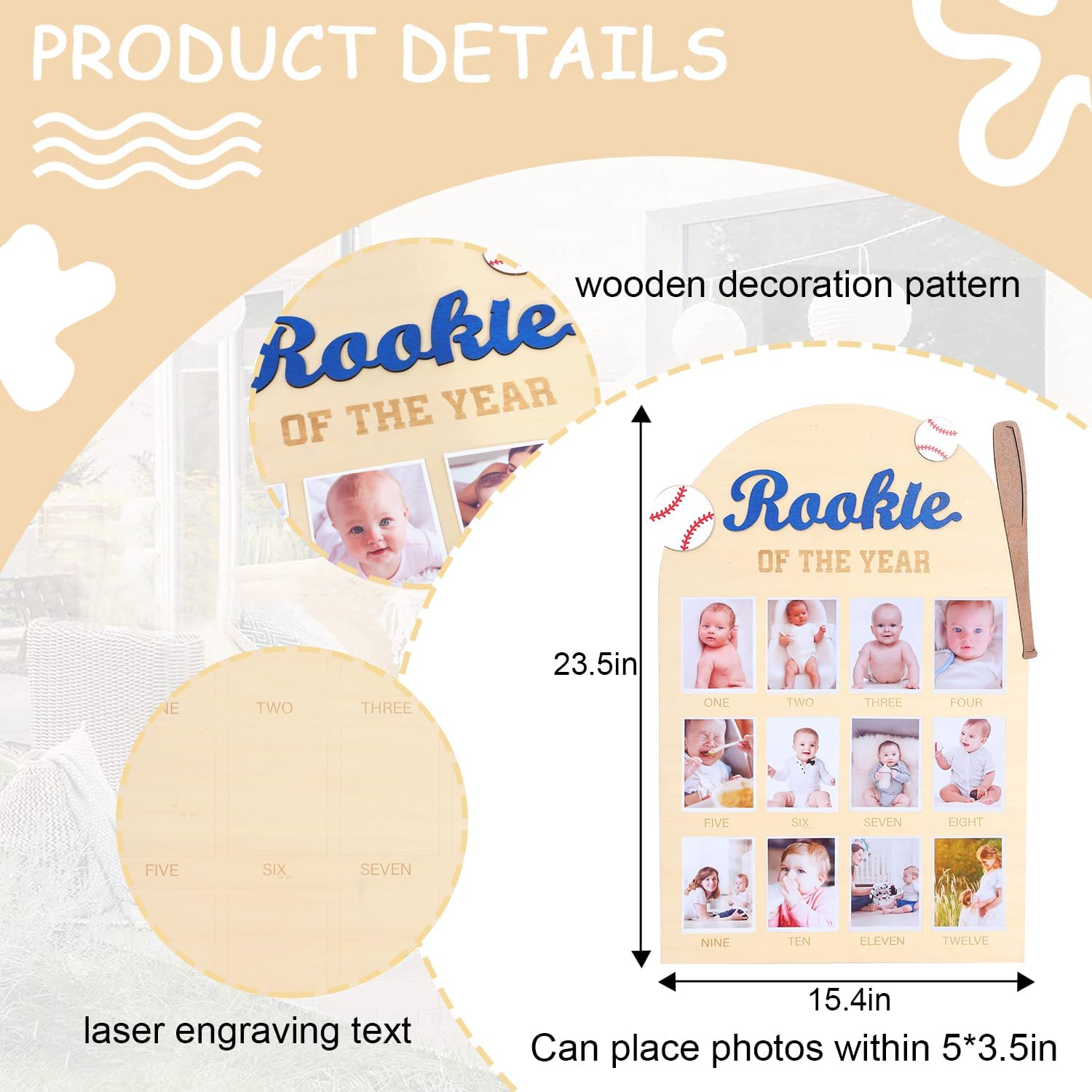 Rookie of The Year Monthly Photo Board - Baseball 1st Birthday Party Decorations,Baseball Baby 1 to 12 Months Photo Wood Board,Sports Theme Party Photo Props,First Year Milestone Photo Display, JM525