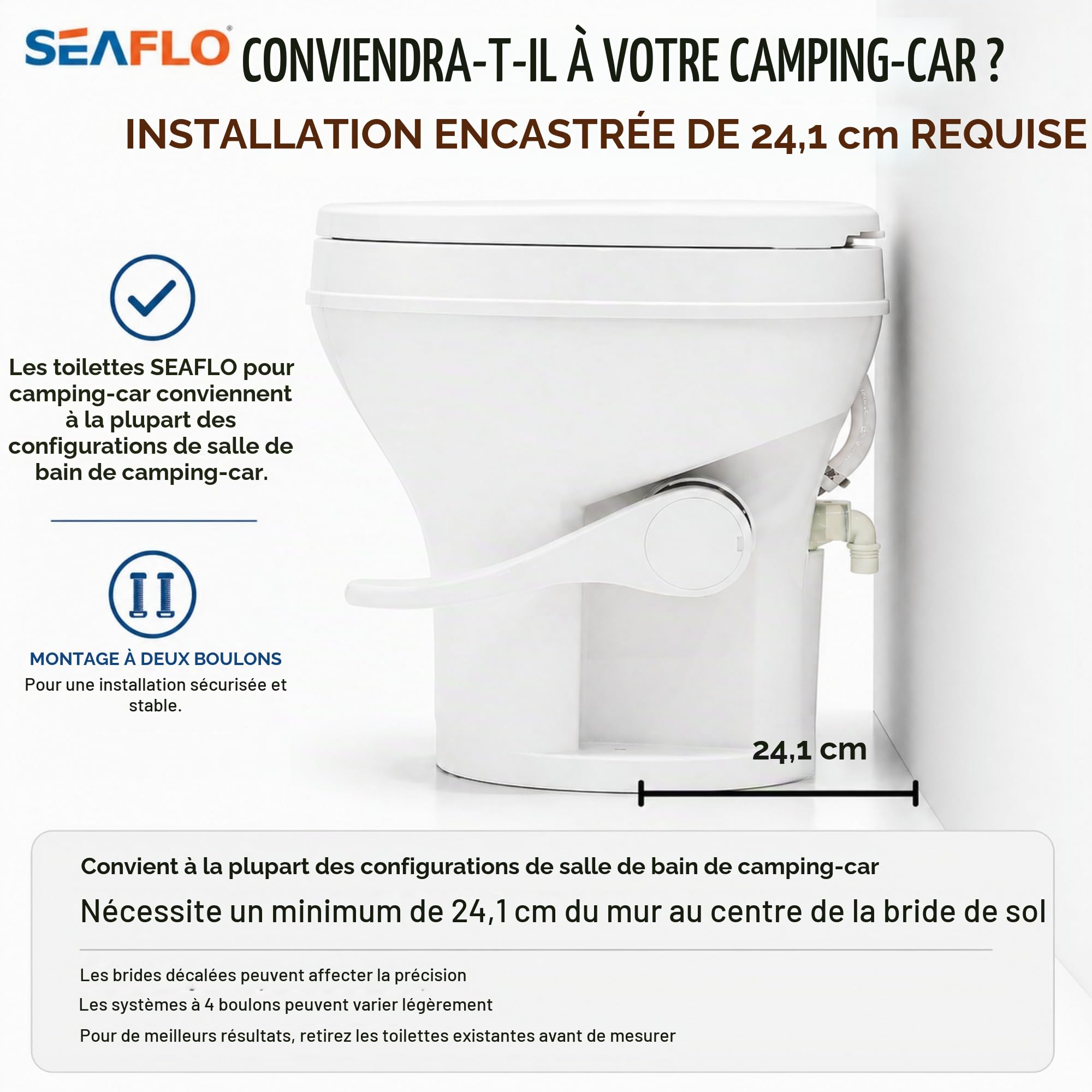 SEAFLO SFRTPH-01-01 Toilettes pour camping-car – Hauteur résidentielle de 46,7 cm, s'adapte à la plupart des véhicules récréatifs (brut de 24,1 cm), siège à fermeture amortie, support à 2 boulons