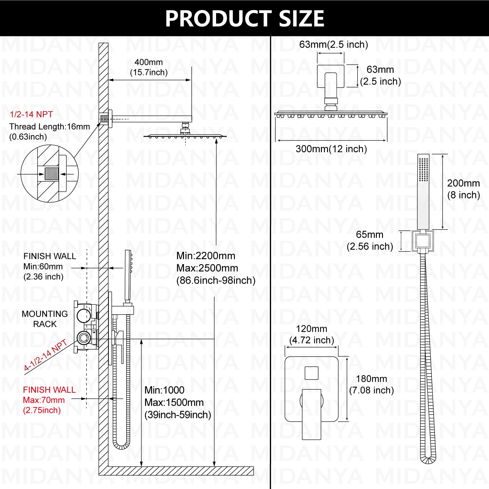 Midanya System deszczownicy, szczotkowany nikiel, uchwyt ścienny, kwadratowy, 30,5 cm, deszczownica, armatura prysznicowa, kompletny zestaw ze słuchawką prysznicową, szorstkim korpusem zaworu i osłoną