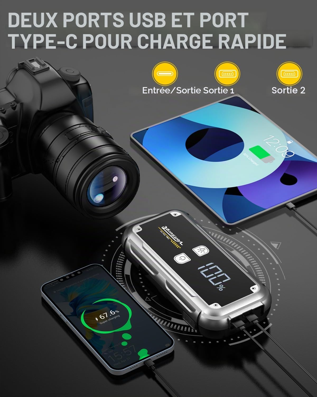 Booster Batterie Voiture 5000A, Démarreur de Batterie de Voiture Portable(Jusqu'à 8.0L Diesel ou Tout Gaz), 12V Jump Starter, Pinces Intelligentes avec Écran, Lumière LED (D05US)