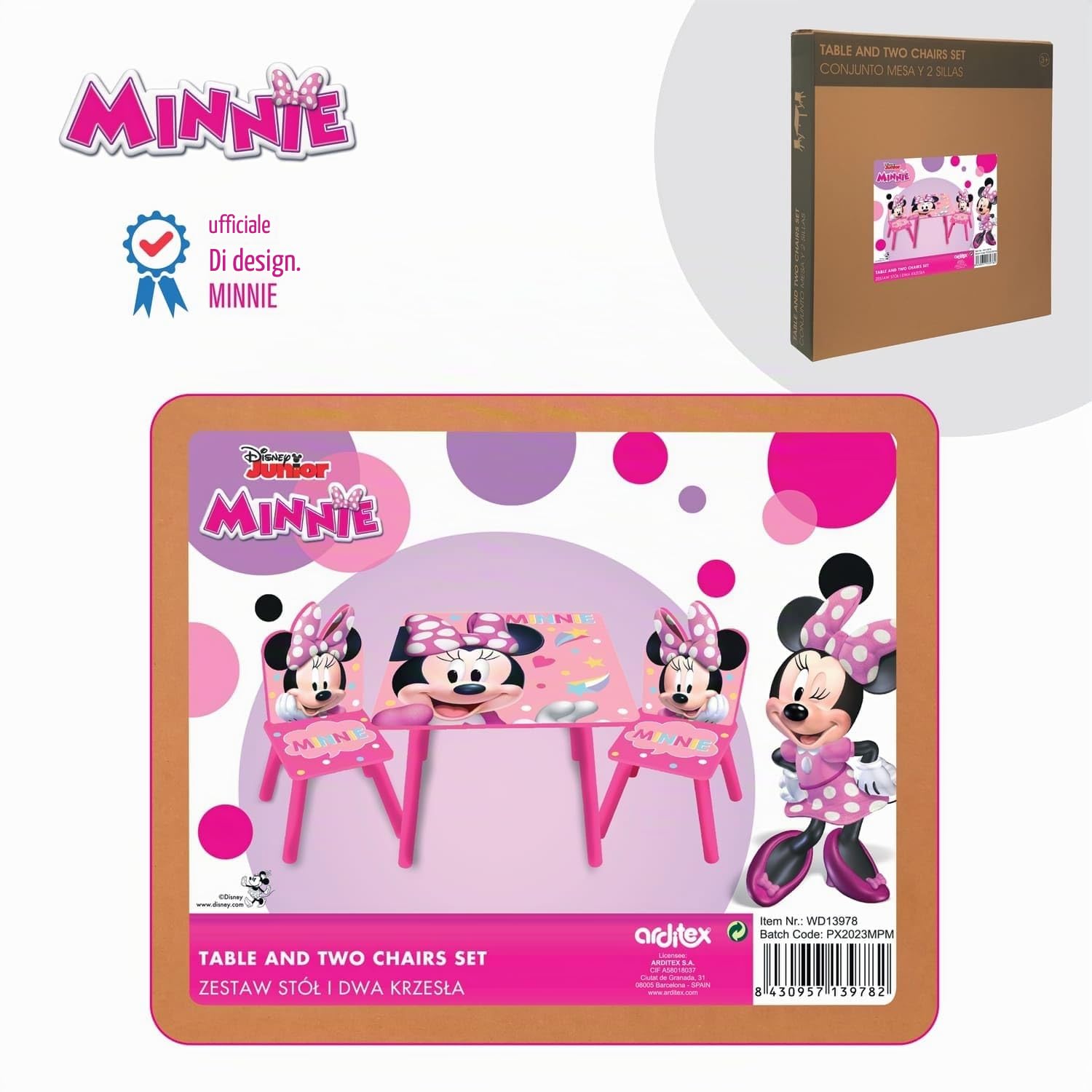 ARDITEX - Set Tavolo e 2 Sedie in Legno per Bambini - 50x50x44 cm e 26,5x26,5x50 cm - Ideale per giocare, disegnare e fare lavoretti - Licenza Ufficiale Topolina
