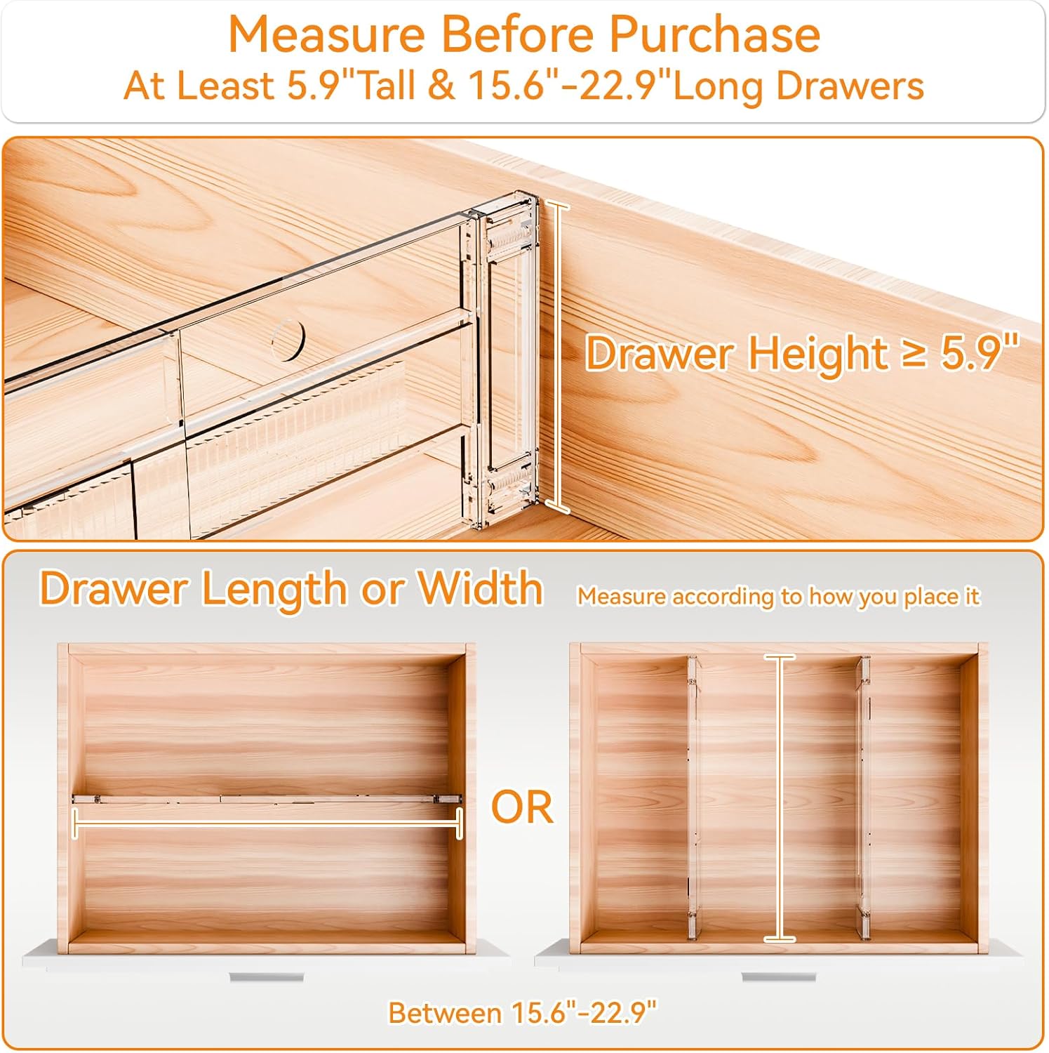 Yieach 4 Pack Clear Acrylic Drawer Divider 6 Inch High,Expandable from 14-20'',Adjustable Dresser Drawer Dividers for Baby Clothing,Underwear and Sock,Separators,Deep Drawer Separators for Kitchen