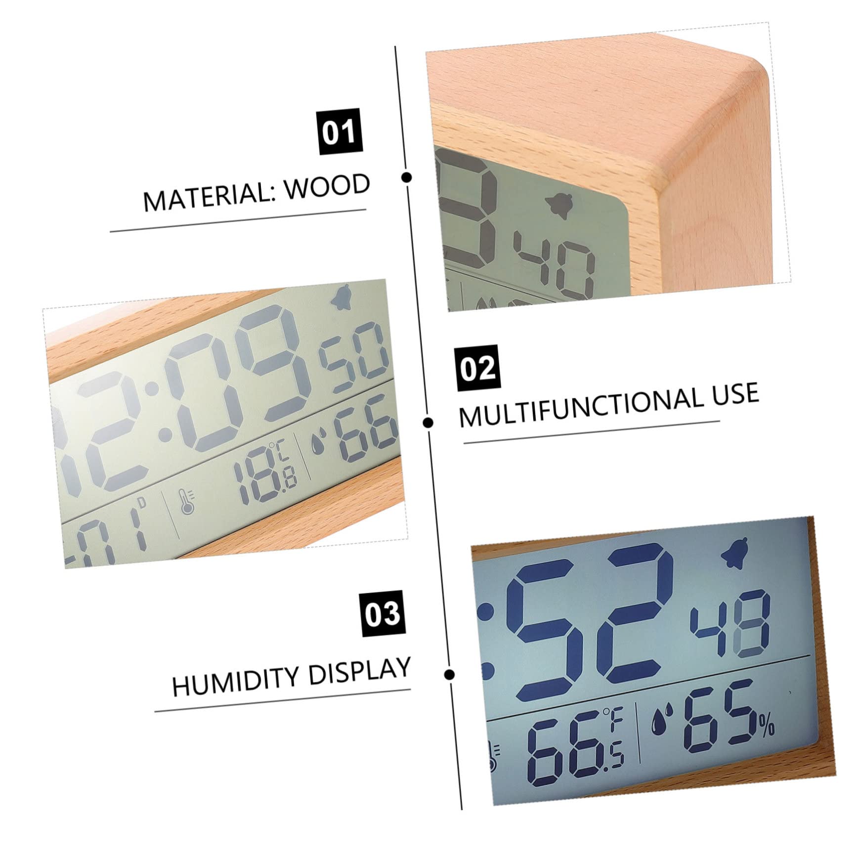 Amosfun 2 Juegos Reloj Despertador Digital Multifuncional de Madera con Pantalla Grande y Sensor de Temperatura para Mesita de Noche No Incluye Batería