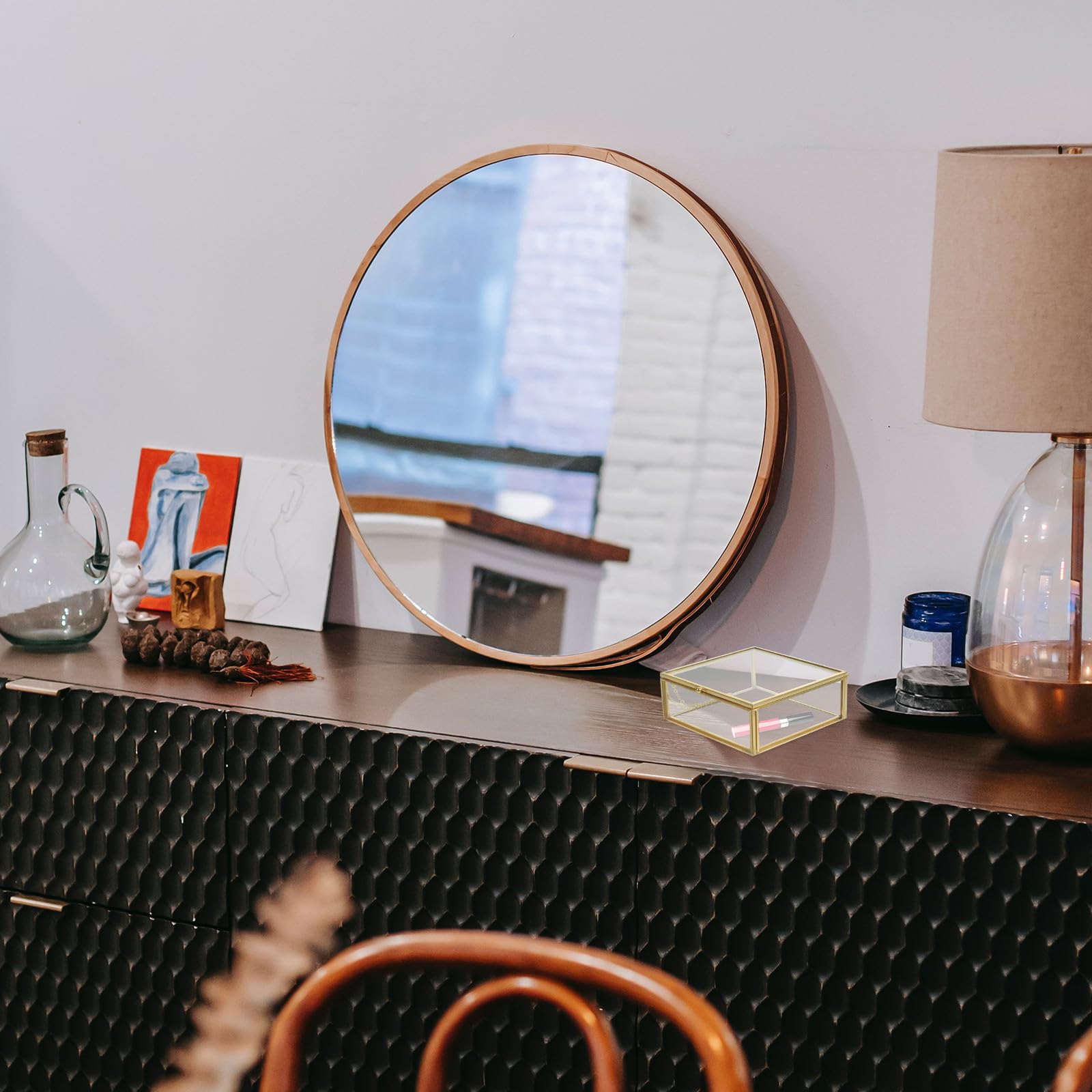 Boîte à Bijoux en Verre Couvercle Doré, Organisateur de Maison en Alliage, Capacité Suffisante pour Bagues et Ambre, Style Rétro Charmant pour Salon ou Chambre
