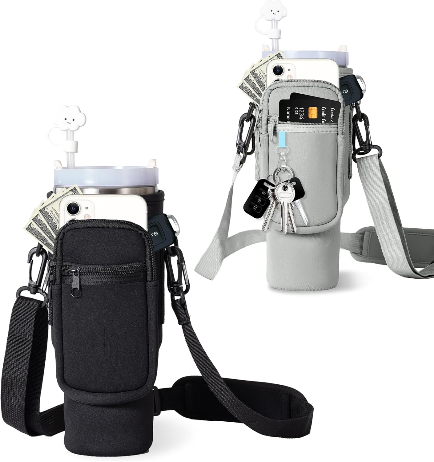 Water Bottle Carrier Bag with Phone Pocket for Stanley 40oz Tumbler with Handle（Black+Gray）