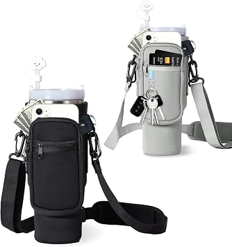 Water Bottle Carrier Bag with Phone Pocket for Stanley 40oz Tumbler with HandleBlack+Gray