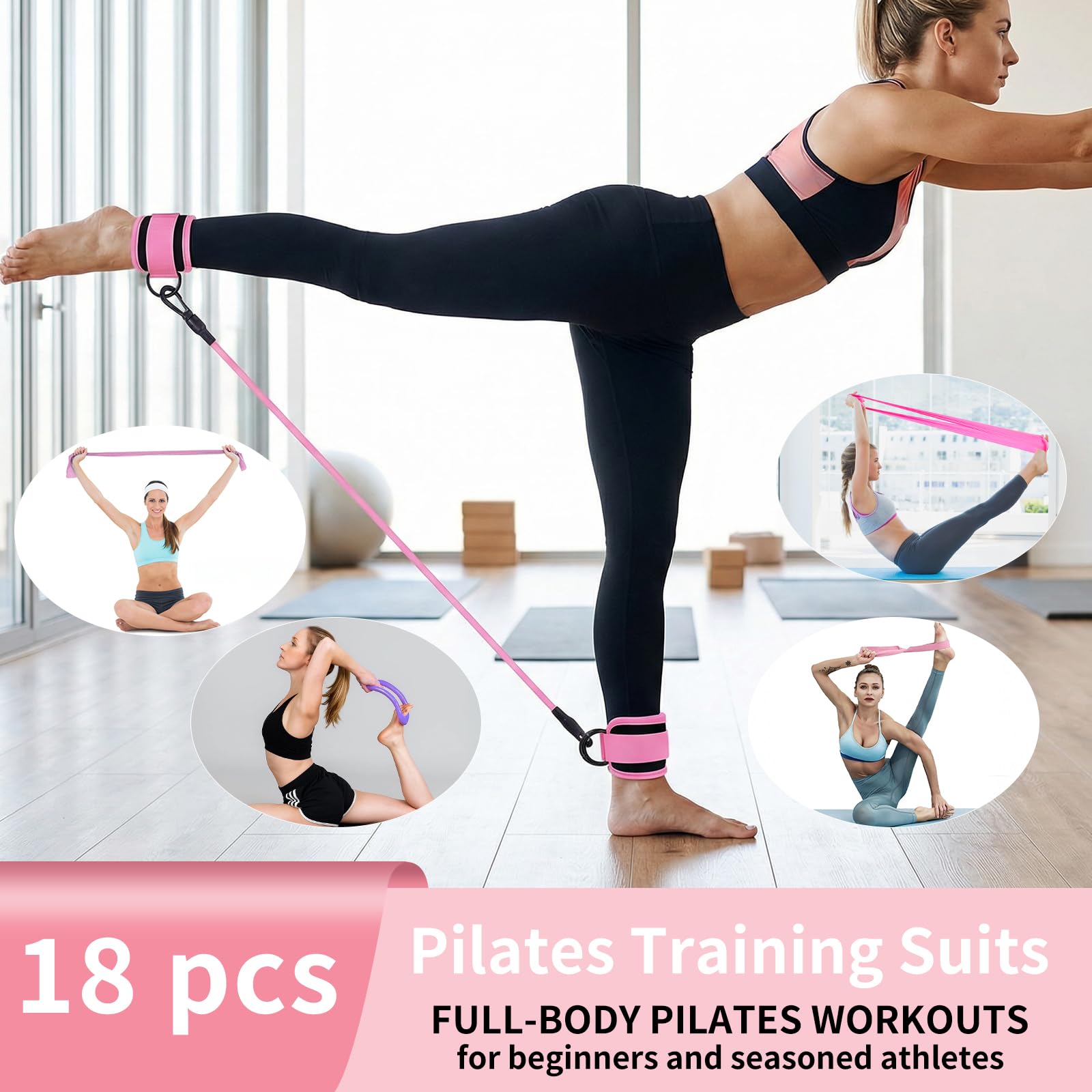Juego de 18 piezas de anillos de pilates, incl. anillo de pilates, bola de yoga, banda de fitness, anillo de tensión, anillo de masaje, compatible con equipos de fitness para gimnasio en