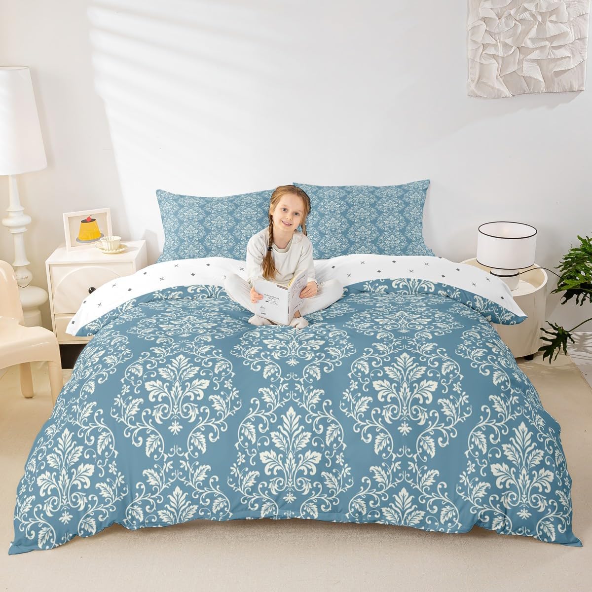 jejeloiu Kids Damask Bedding Set Toddler Size, Bohemian Exotic Duvet Cover Boys Girls Vintage Floral Comforter Cover Dark Cyan Teens Bedroom Decor Quilt Cover 2Pcs (No Comforter)