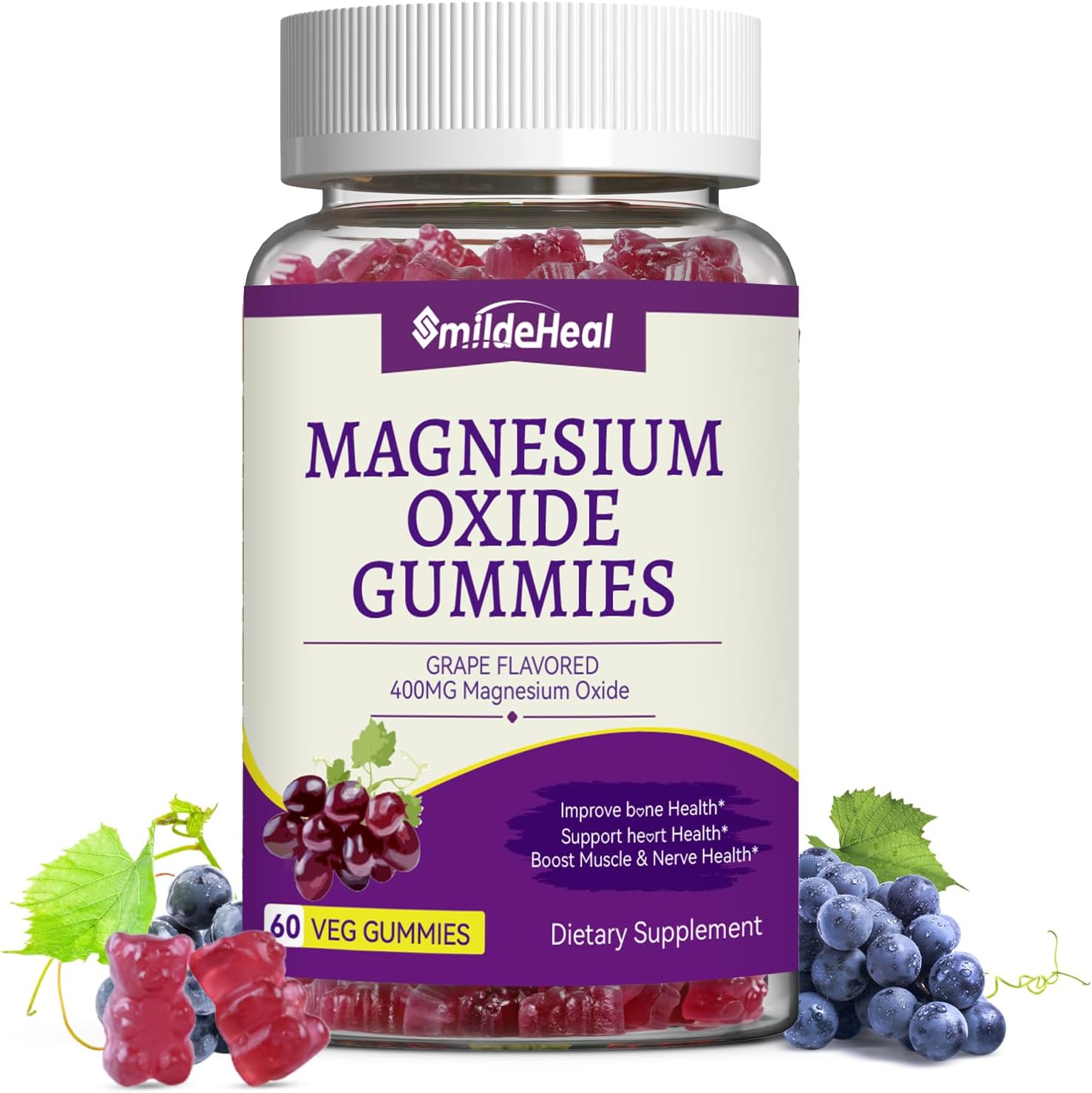 2 Pack Magnesium Oxide Gummies 400mg, Chewable Magnesium Oxide Supplement for Adults, Nerve & Muscle Support - Sugar-Free, Vegan,120 Count
