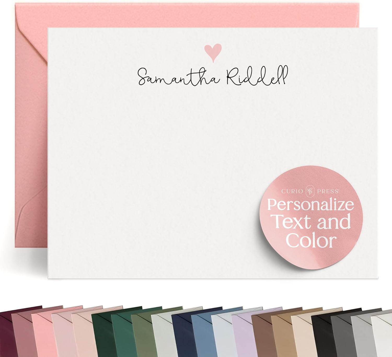 Personalized Heart Stationery Note cards with Envelopes with Cute Custom Name for Women or Girls, Thank You Cards, Graduation And More Notecards, Personalized Flat Stationery Set - Lovely Heart Flat