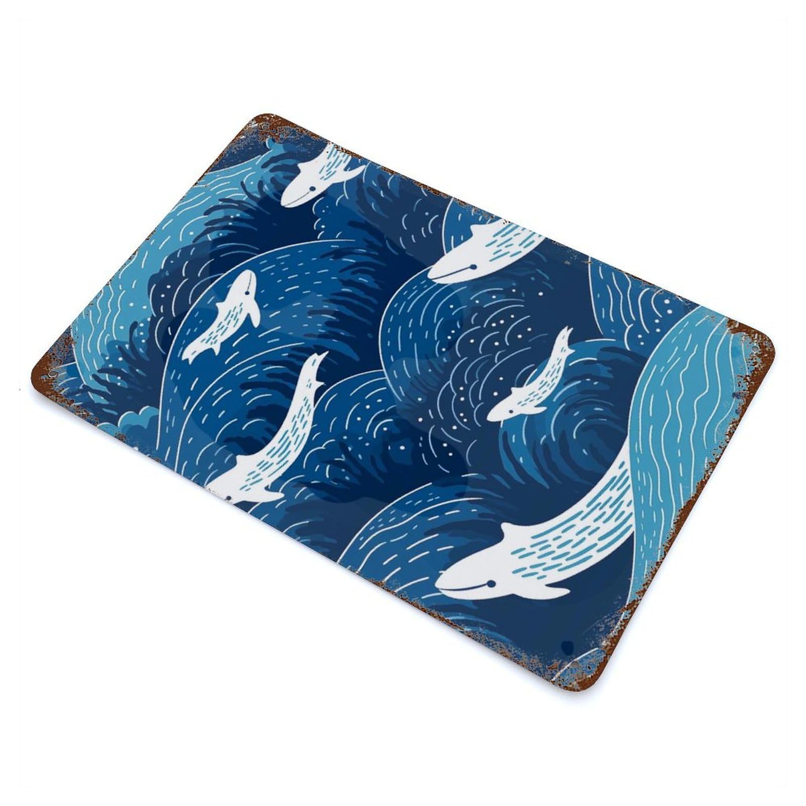 Swimming Baby Whales 11.8"x7.9" Rust Effect Tin Sign, Industrial Home Decor for Living Room, Hallway And Home Decor