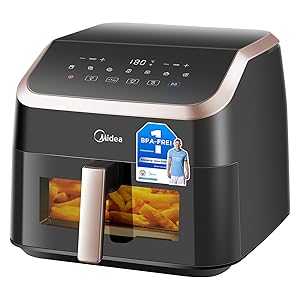 Midea Freidora de Aire XXL Air Fryer sin Aceite 8,5L, 8 en 1 con Ventana Transparente, Cámaras Extraanchas, máx. 200 °C, Temperatura y Tiempo Regulables