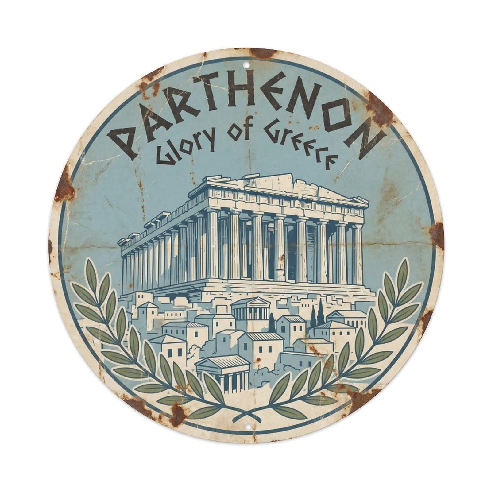 Vintage Travel Parthenon Athens Greece Metal Tin Sign Plaque Wall Decor for Cafe, Club, Garden Round Metal Poster 8x8Inch