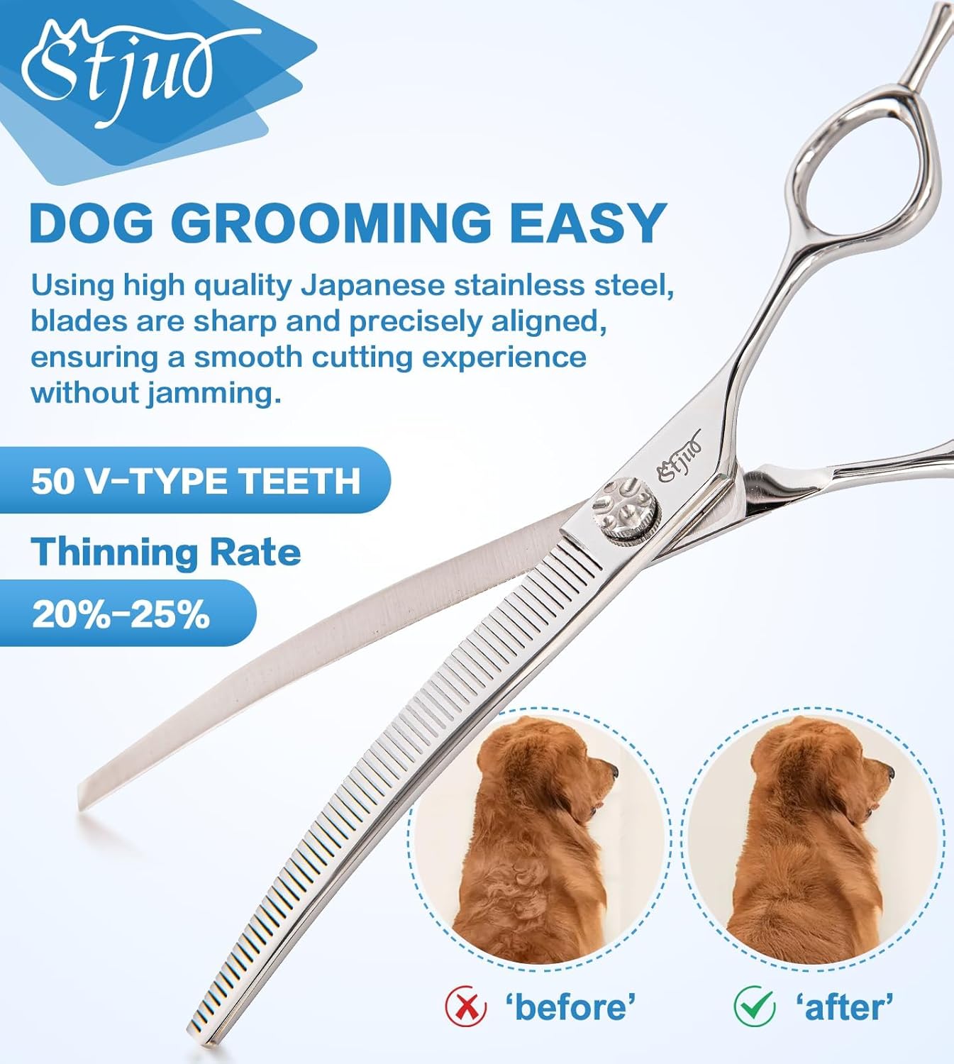Professional Dog Grooming Scissors, Japanese 440C Stainless Steel, 62 HRC Hardness (Curved Thinning, 7.5'')