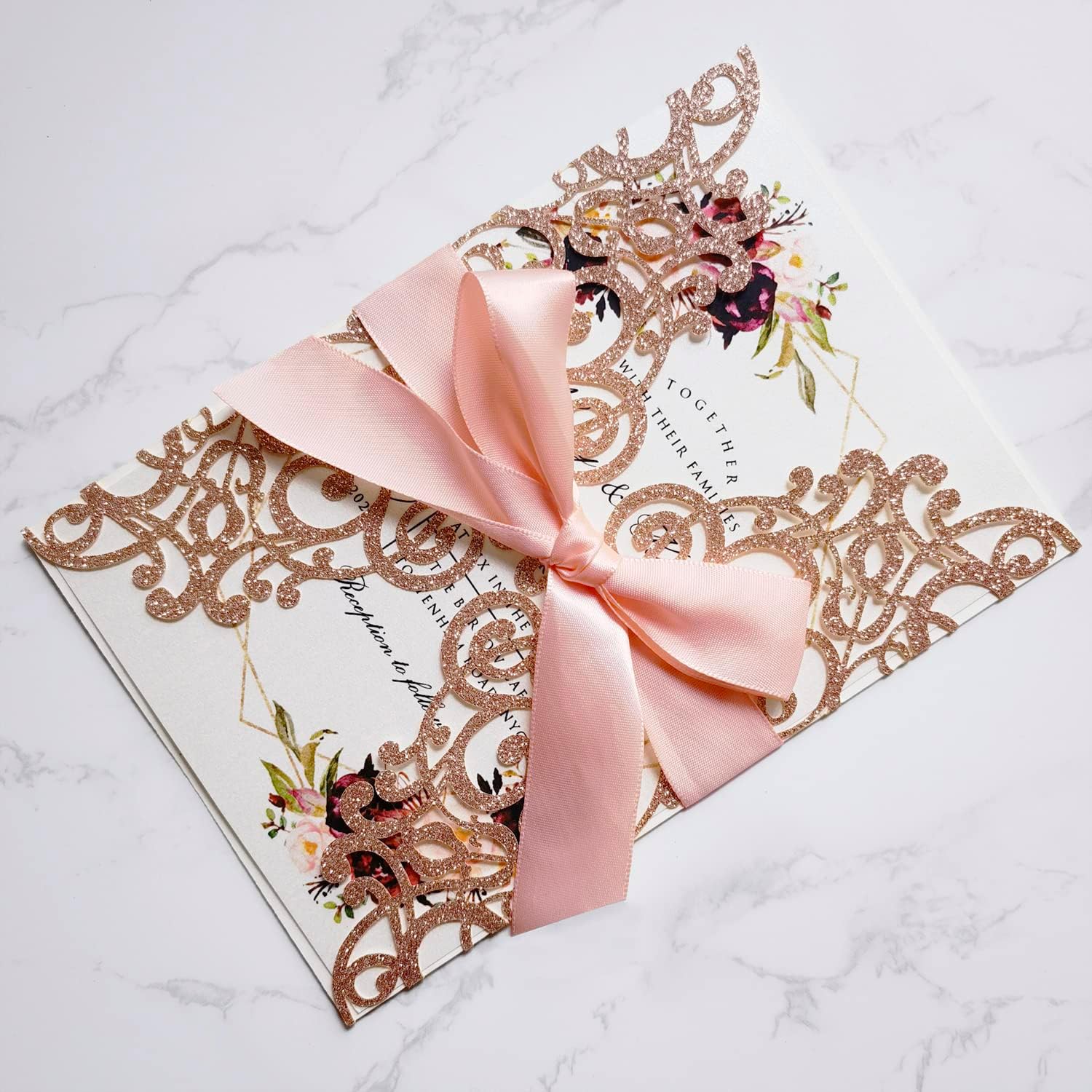 50PCS 5 x7.3 Inch Wedding Invitations Cards with Envelopes Laser Cut Invitation for Quinceañera Sweet 16 Birthday Party Invite (Rose Gold Glitter)