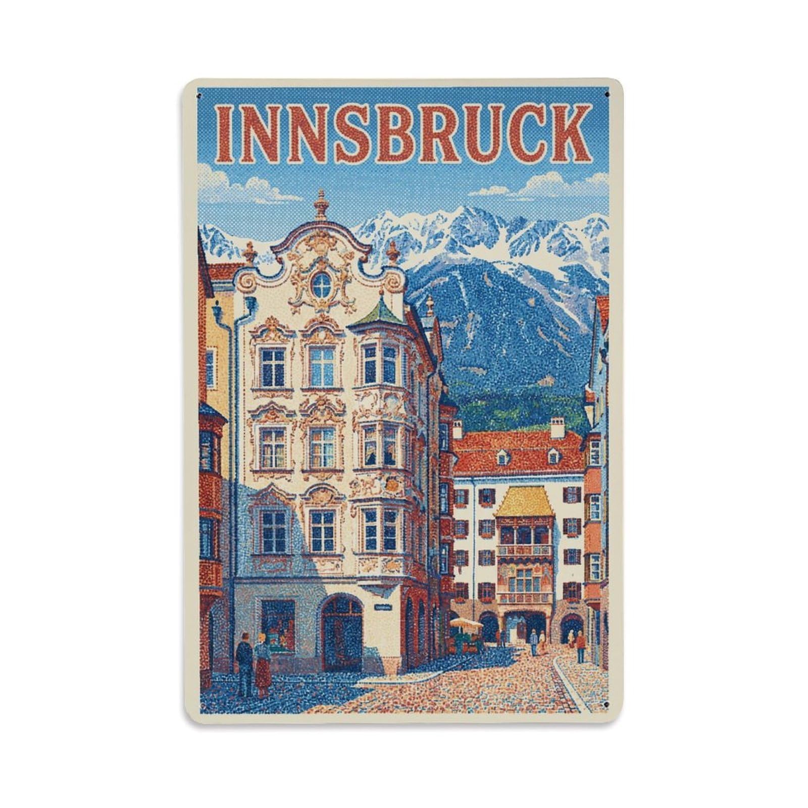 Olhnbad Style Mountain Innsbruck Austria Dotted Alpine Travel Metal Tin Sign
